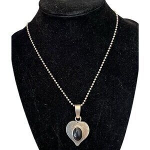 Sterling Silver Heart Black Onyx Cabocho nPendant Mexico Ball Chain Necklace Vtg